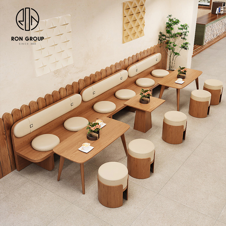 Japandi Wood Booth Bench Seating Set With Back Cushions Tables And Round Stools For Cafes