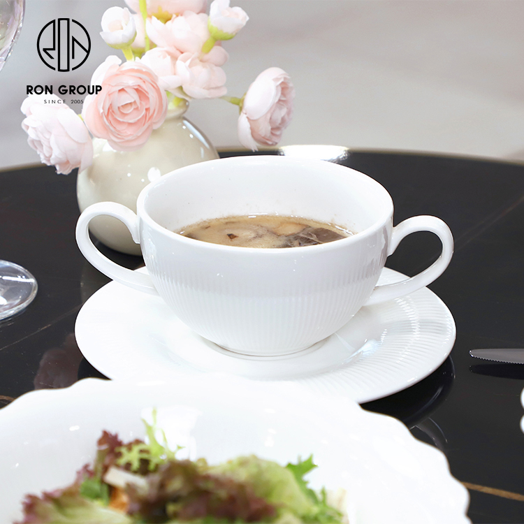 White Ceramic Two-Handle Soup Bowl with Saucer for Restaurant and Hotel Service