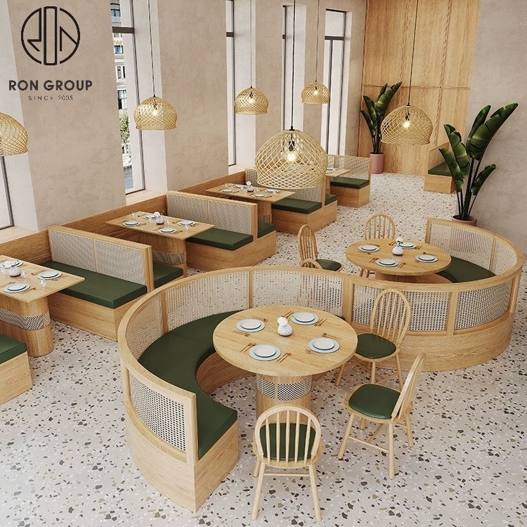 Solid Wood Rattan Half Round Booth Seating Set With Green Cushions Round Dining Table For Restaurant