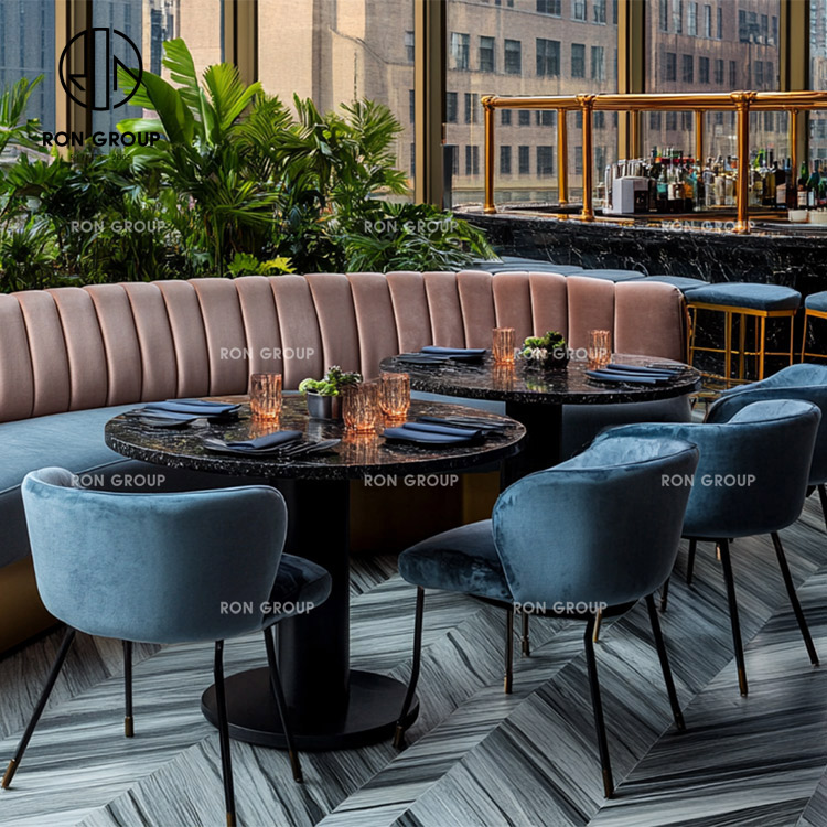 Half Circle Curved Booth Seating Set With Marble Tables And Lounge Chairs For Restaurants