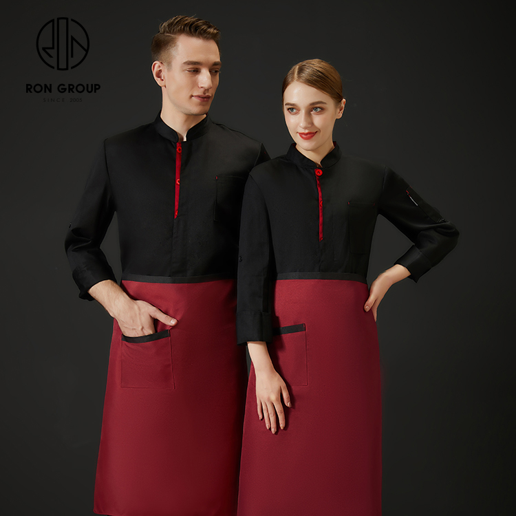 Custom Printing Logo Breathable Washable Unisex Long Sleeve Waiter Waitress Uniform with Pocket Kitchen Coffee Shop Workwear