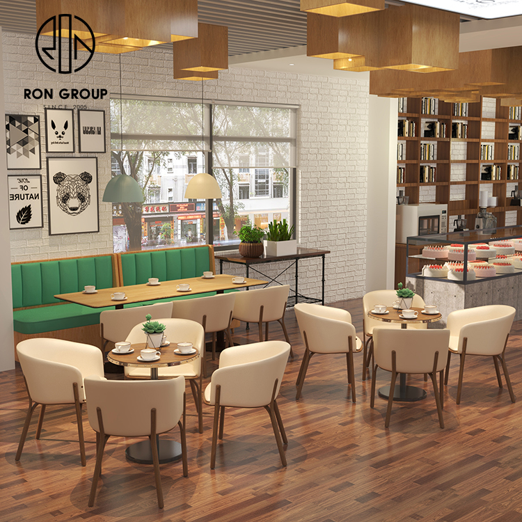 Green PU Booth Seating Set With Light Oak Wood Base Cafe Tables And Beige Dining Chairs For Restaurant