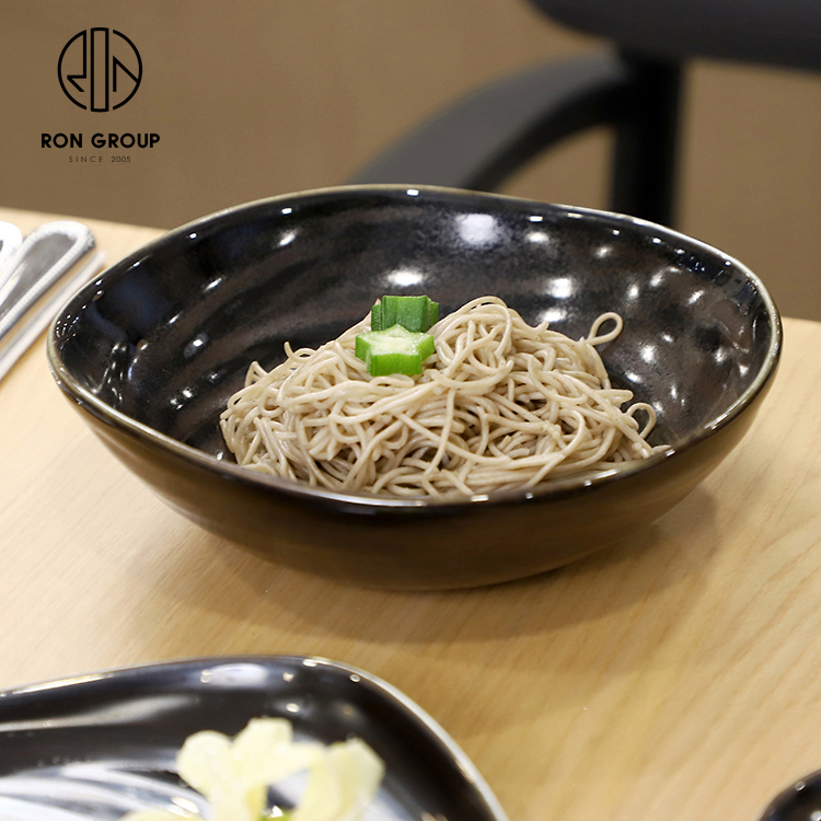 Irregular Glossy Black Ceramic Salad Bowl Set
